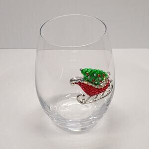 The Queen's Jewels Red Christmas Sleigh Stemless Wine Glass Rhinestone Holiday